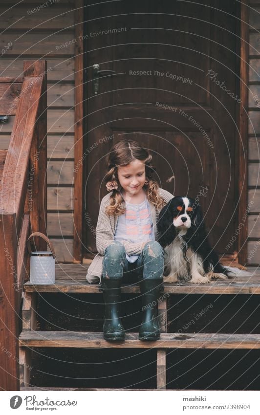 child girl with her dog at cabin porch Playing Vacation & Travel Adventure House (Residential Structure) Child Friendship Infancy Nature Building Pet Dog Wood