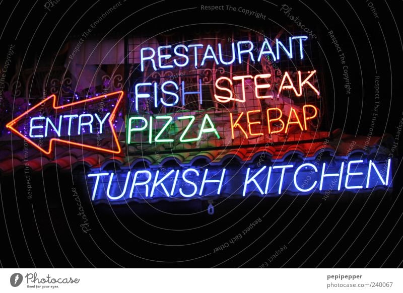 meal Fish Nutrition Fast food Restaurant Characters Arrow Illuminate Multicoloured Exterior shot Detail Night Light Light (Natural Phenomenon) Long exposure