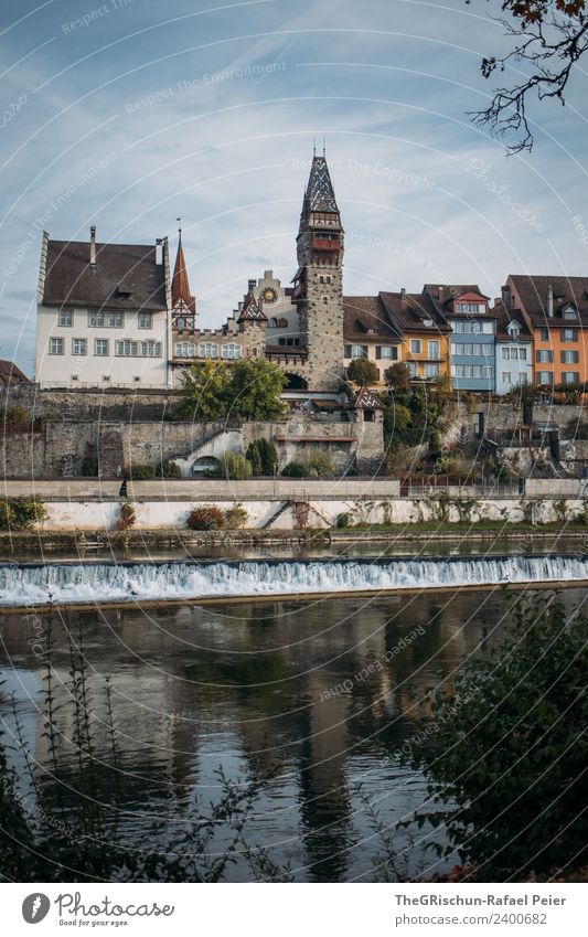 town Village Small Town Blue Multicoloured Switzerland River House (Residential Structure) Bremgarten Window Reflection Water Sky Old town Colour photo
