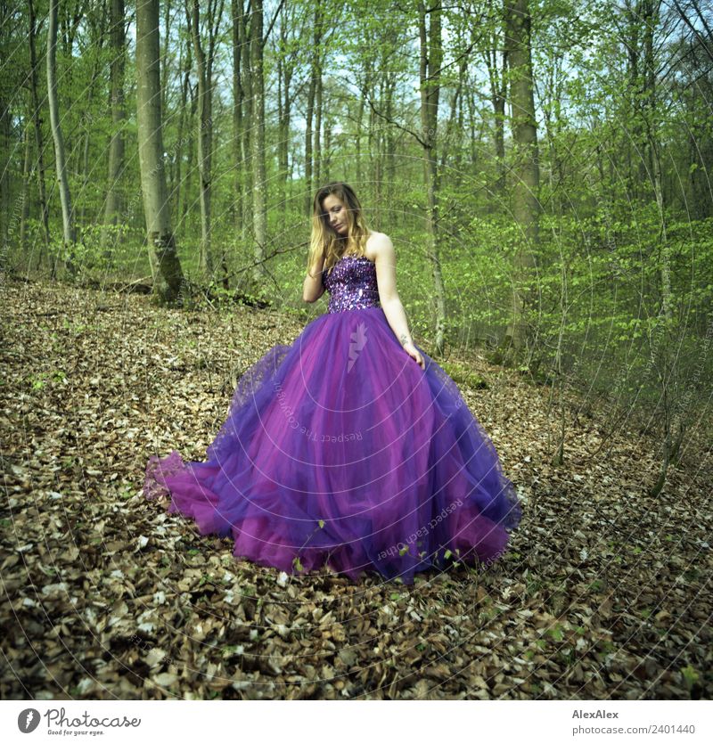 Young tall woman in purple/purple wedding dress in forest Lifestyle Luxury Elegant Style Calm Trip Young woman Youth (Young adults) 18 - 30 years Adults Nature