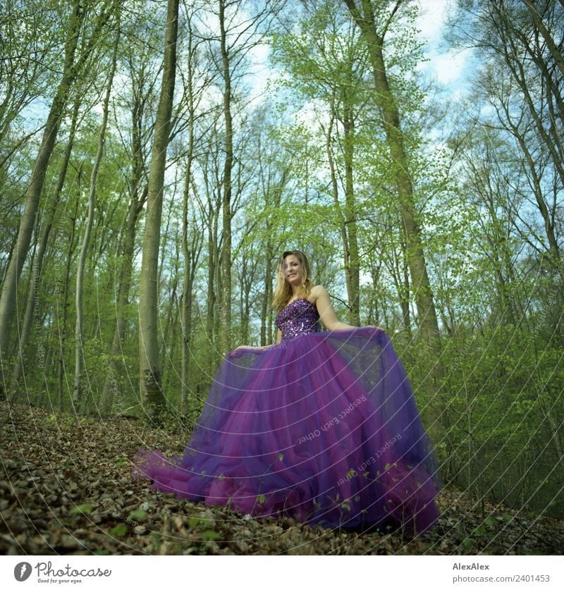 Forest fairy - young woman - in purple wedding dress in forest - Lila Laune Waldfee Lifestyle Shopping Style Harmonious Trip Young woman Youth (Young adults)