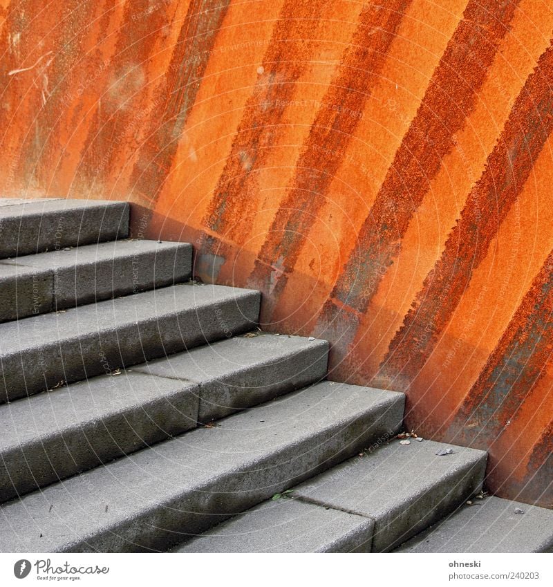 Staircase in front of grate Wall (barrier) Wall (building) Stairs Concrete Metal Steel Rust Line Stripe Old Decline Colour photo Exterior shot Pattern