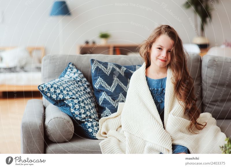 cute little child girl relaxing at home Tea Happy Illness Relaxation Winter Living room Child Warmth To enjoy Smiling Sit Hot Small Modern Natural Tradition kid