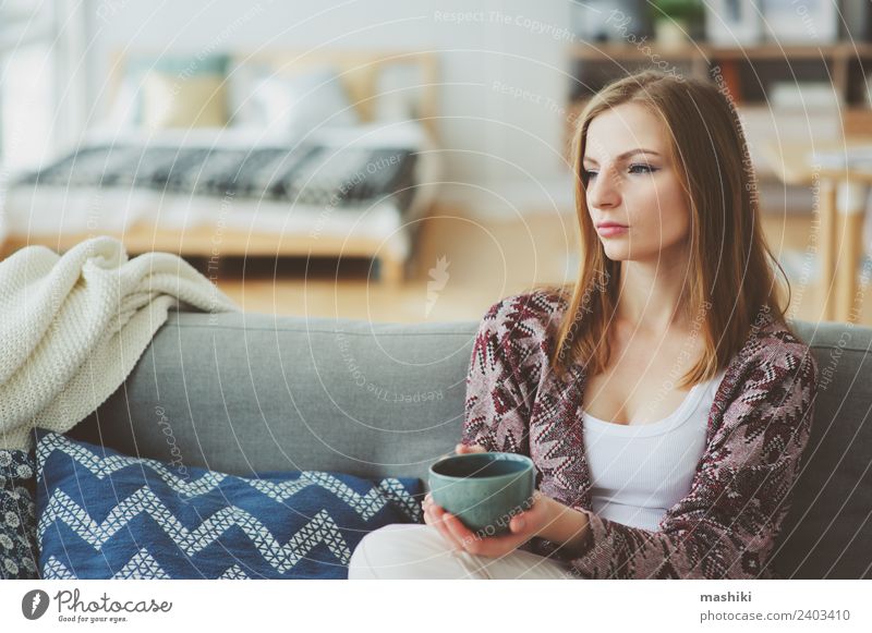 indoor lifestyle portrait of young woman Coffee Tea Lifestyle Illness Harmonious Relaxation Woman Adults Dream Sadness Natural Strong Loneliness Considerate
