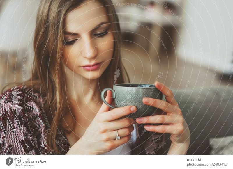 close up portrait of young thoughtful woman Breakfast Coffee Tea Lifestyle Illness Harmonious Relaxation Woman Adults Dream Sadness Hot Strong Loneliness