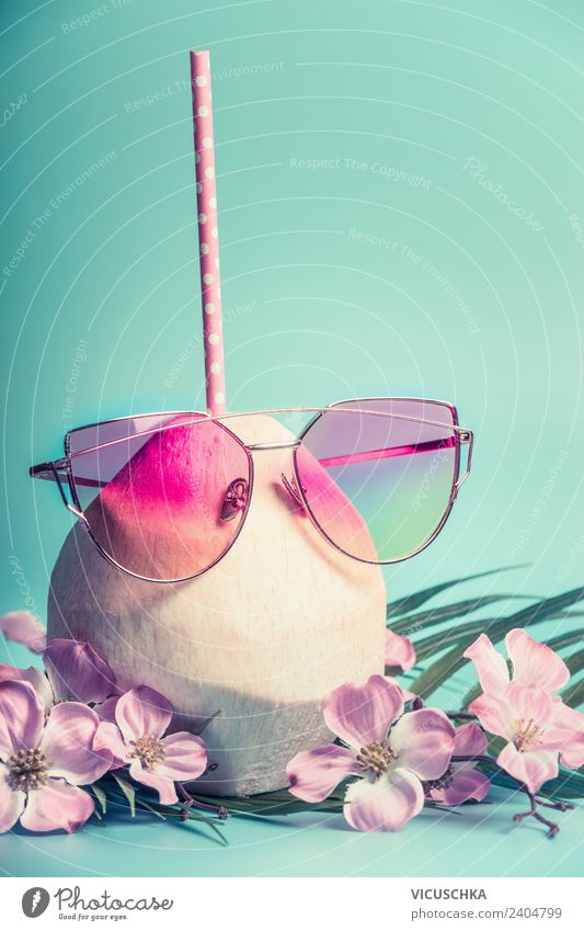 Coconut cocktail with pink sunglasses Beverage Cold drink Drinking water Lemonade Juice Style Design Joy Beautiful Relaxation Vacation & Travel Summer Beach
