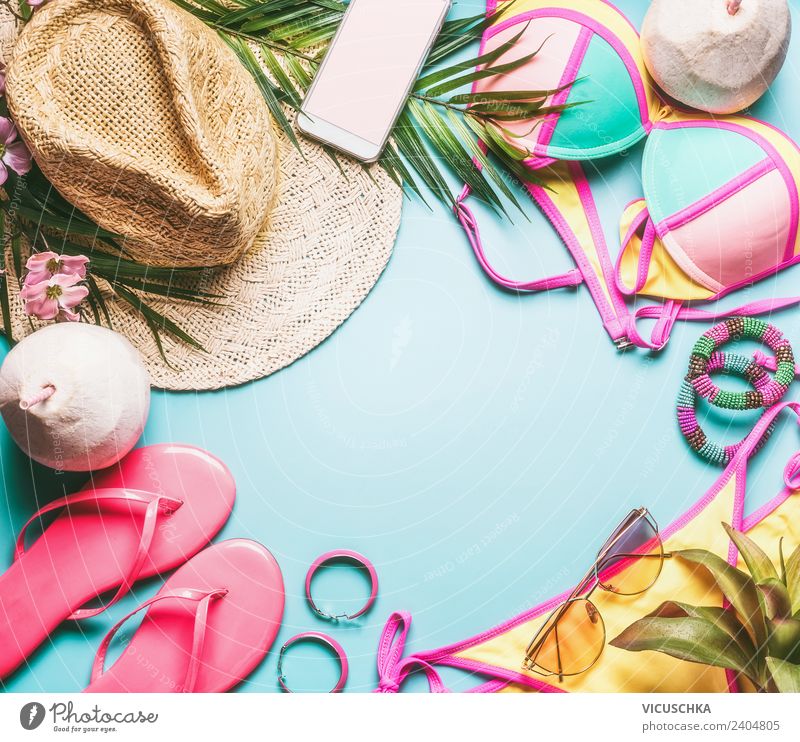 Summer holiday or beach holiday things Lifestyle Design Joy Leisure and hobbies Vacation & Travel Beach Fern Fashion Bikini Accessory Jewellery Flip-flops Hat
