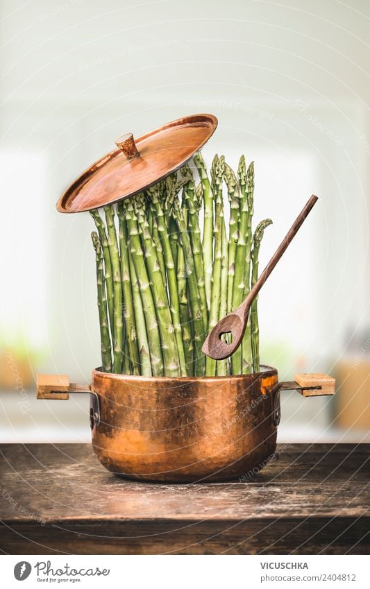 Green asparagus in pot with cooking spoon Food Vegetable Nutrition Lunch Organic produce Vegetarian diet Diet Crockery Pot Spoon Style Design Healthy