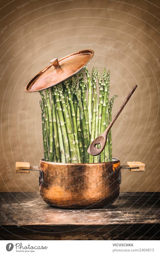 Green asparagus in a saucepan Food Vegetable Nutrition Organic produce Vegetarian diet Diet Pot Spoon Style Design Healthy Eating Kitchen Restaurant