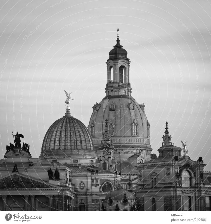 grande dame Sky Capital city Old town Landmark Point Black White Dresden Saxony Frauenkirche Domed roof House of worship Glass roof Deserted Tourist Attraction