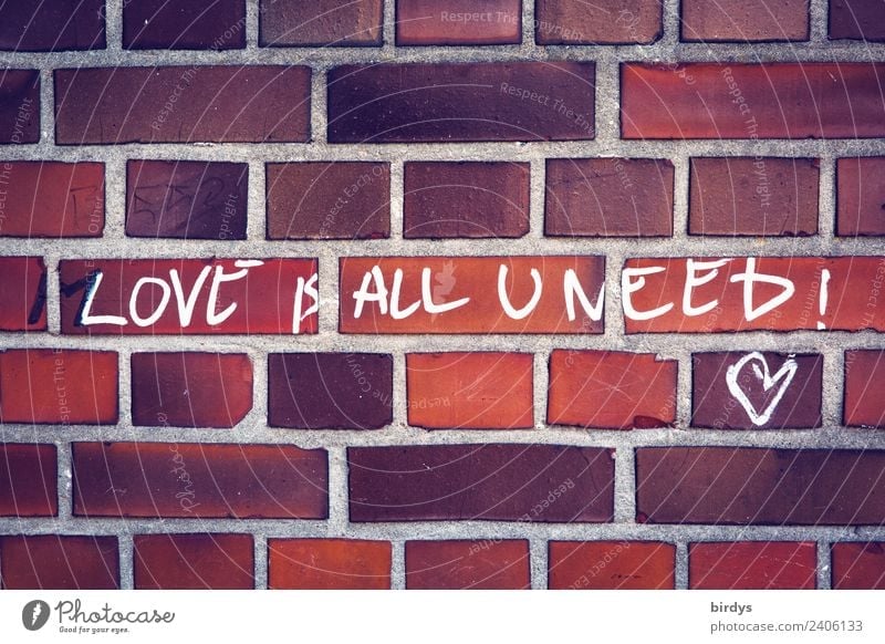 Love is all you need Wall (barrier) Wall (building) Brick wall Characters Heart Authentic Positive Brown Red White Emotions Joie de vivre (Vitality) Success