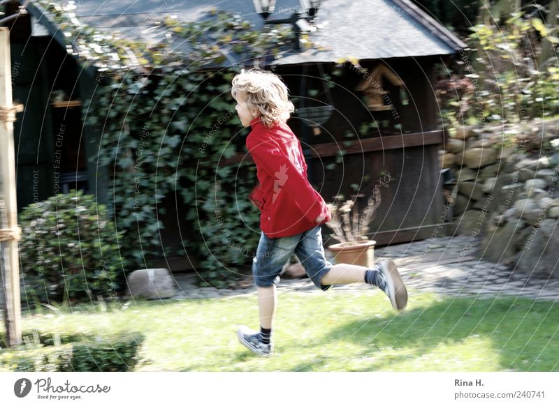 Run Boy Human being Masculine Child Boy (child) 1 3 - 8 years Infancy Garden Jeans Sneakers Blonde Curl Running Walking Playing Authentic Happiness Wild