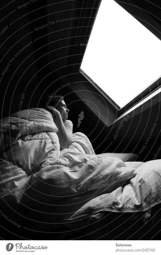 Under the roof Living or residing Flat (apartment) Bed Room Bedroom Human being Feminine 1 Observe Touch Sleep Dream Dark Sharp-edged Bright Cuddly Loneliness