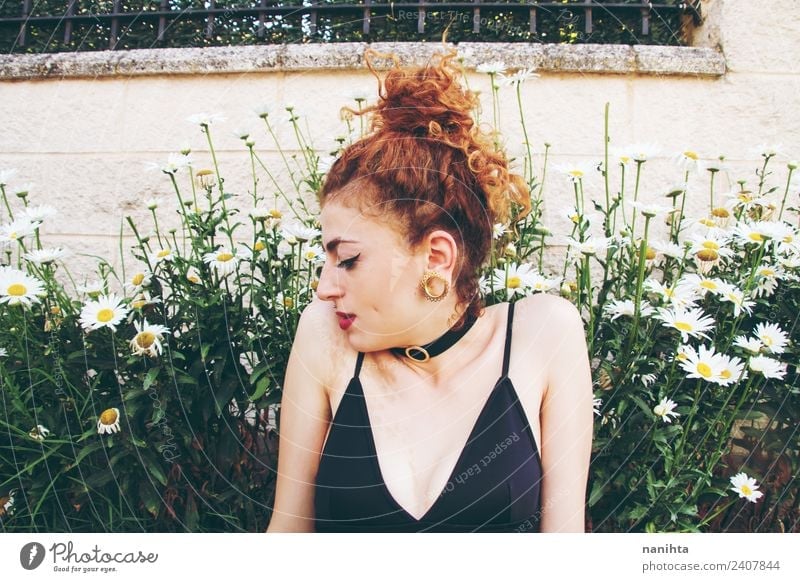 Young redhead woman in a garden of daisies Lifestyle Elegant Style Beautiful Wellness Senses Relaxation Fragrance Human being Feminine Young woman