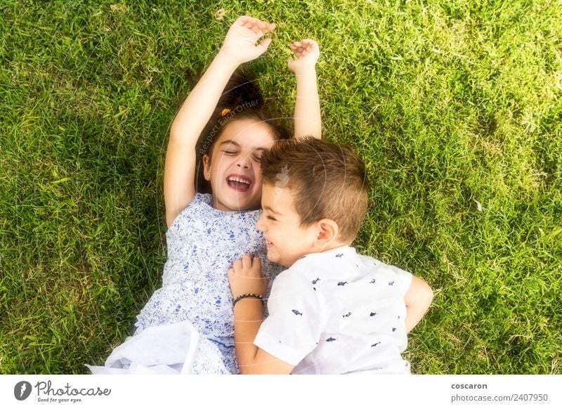 Two little kids playing on the green grass Joy Happy Beautiful Playing Summer Child Boy (child) Family & Relations Friendship Infancy Nature Grass Park Smiling