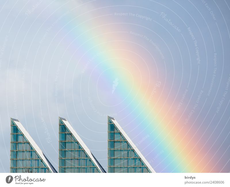 Rainbow over modern architecture Sky Deserted House (Residential Structure) Architecture Window Roof Illuminate Esthetic Authentic Exceptional Positive