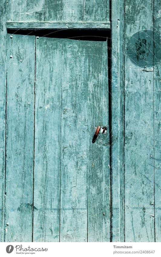 Not quite! Living or residing Door Wood Metal Old Esthetic Colour Tilt Lock Door handle Line Structures and shapes Turquoise Colour photo Exterior shot Deserted