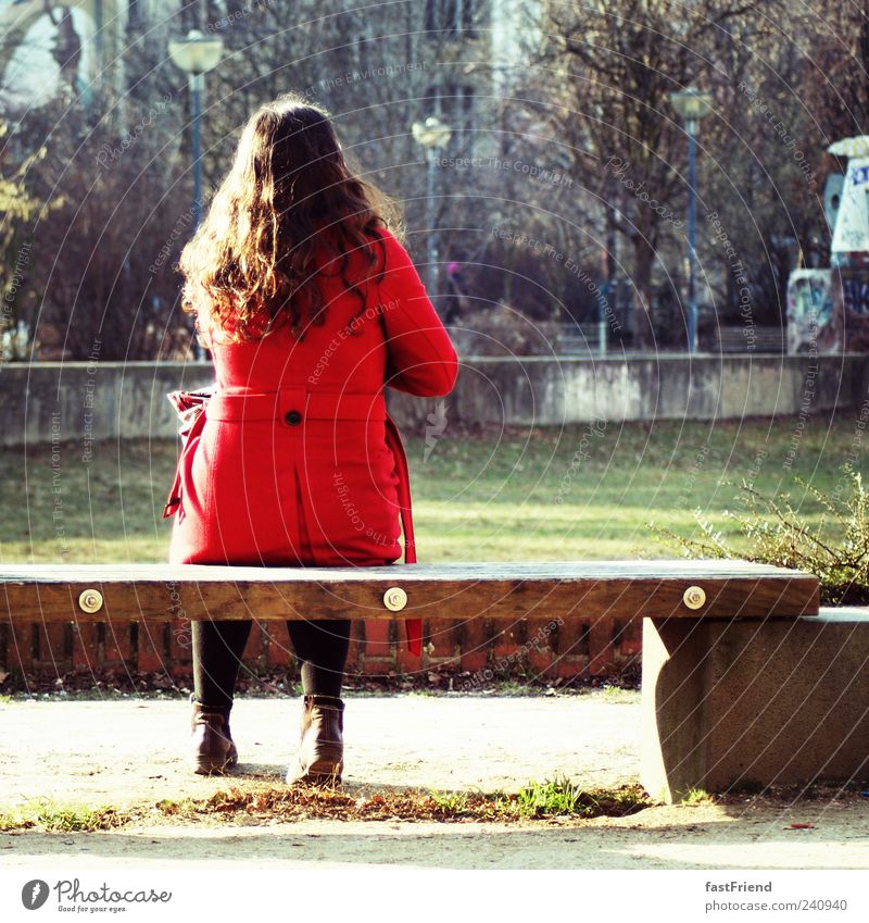 124 seconds pause Woman Adults Human being Park Coat Black-haired Curl Calm Loneliness Bench Sit Wait Red Wood Stone Colour photo Exterior shot Day