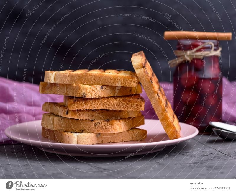 Fried square pieces of bread Bread Jam Breakfast Lunch Plate Table Delicious Brown Black White Stack background Baking Bakery Cereal eat Flour food french grain
