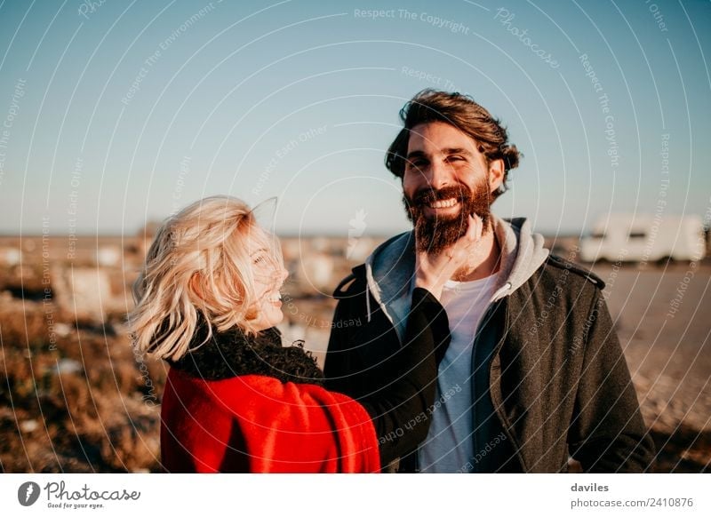 Hipster couple having fun together outdoors. Lifestyle Joy Young woman Youth (Young adults) Young man Couple Partner Facial hair 2 Human being 18 - 30 years