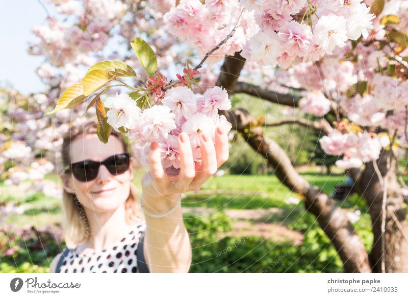 Spring firmly under control Feminine Young woman Youth (Young adults) 1 Human being 30 - 45 years Adults Nature Beautiful weather Tree Blossom Park Blonde Touch