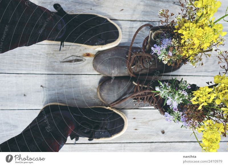 Someone is in front of old boots filled with flowers Lifestyle Style Design Feet Art Nature Plant Flower Wild plant Pot plant Footwear Boots Sneakers Wood
