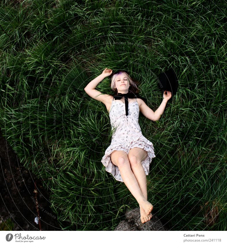 sleeping rabbit Feminine Young woman Youth (Young adults) Woman Adults 1 Human being Environment Nature Plant Tree Grass Meadow Dress Bow Barefoot Hat