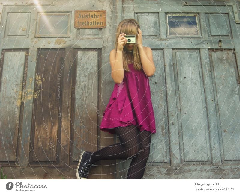 Girl takes photos III Style Feminine Young woman Youth (Young adults) 1 Human being 18 - 30 years Adults Dress Tights Blonde Long-haired Bangs Happiness