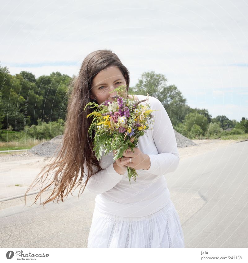 1100 | flower girl Human being Feminine Woman Adults 30 - 45 years Nature Sky Plant Grass Street T-shirt Skirt Hair and hairstyles Brunette Long-haired Bouquet