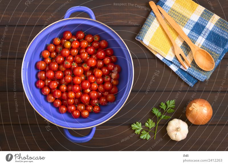 Cherry Tomatoes in Strainer Vegetable Fresh Healthy Red Ingredients cooking strainer food Onion Garlic Parsley wood many overhead Horizontal cherry tomato sieve