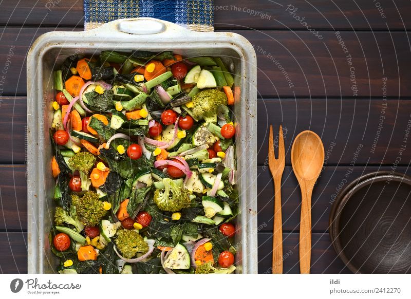 Baked Vegetables in Baking Dish Herbs and spices Fresh food Meal Zucchini Tomato corn Beans Broccoli courgette chard Mangold Carrot Onion colorful thyme