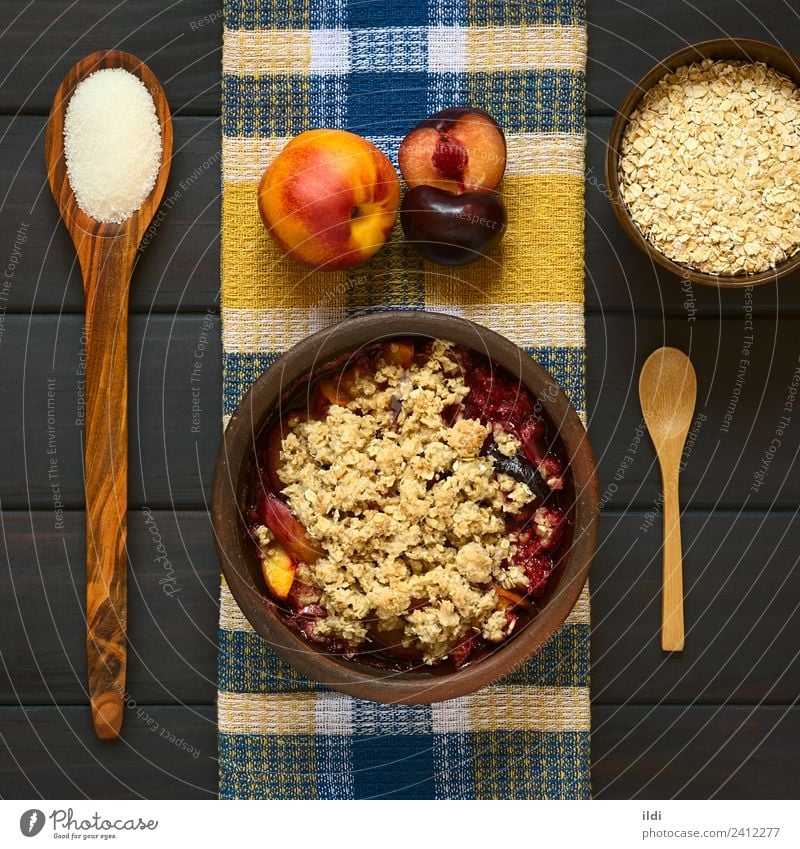 Baked Plum and Nectarine Crumble Fruit Dessert Fresh Peach crumble Crisp cobbler sweet food Dish Meal Snack Crust Baking Home-made oat oatmeal Rolled crumbly