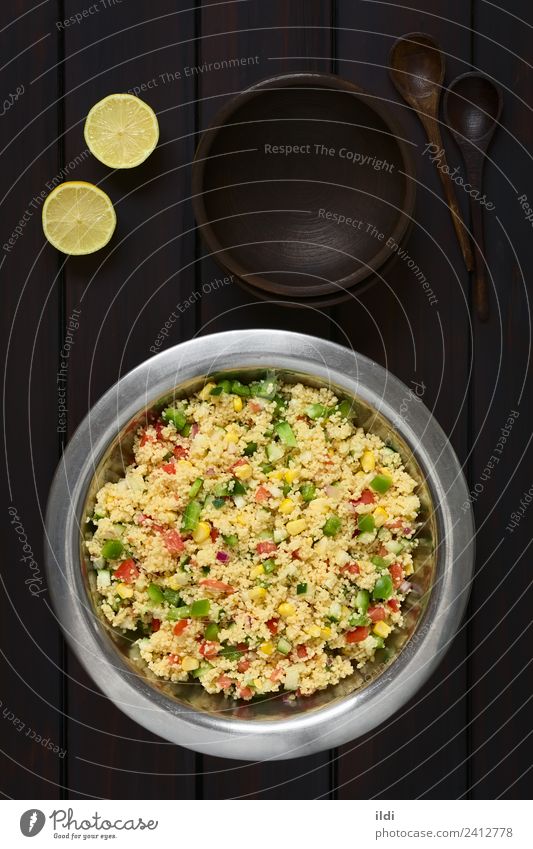 Vegetable and Couscous Salad Vegetarian diet Healthy food couscous Raw Tomato pepper Onion corn cucumber savory Dish Meal Semolina durum Wheat Snack Rustic