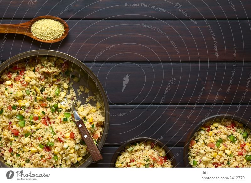 Vegetable and Couscous Salad Vegetarian diet Fresh Healthy food couscous Raw Tomato pepper Onion corn cucumber Dish Meal Staple Semolina durum Wheat Snack