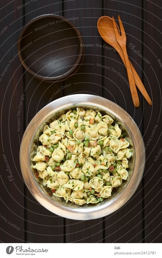 Tortellini Salad with Peas and Bacon Meat Vegetable Dough Baked goods Fresh pasta filled stuffed Parsley food Meal Dish Italian cooking tortelloni Rustic wood