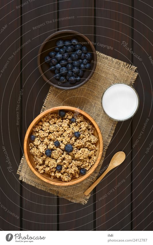 Breakfast Cereal with Blueberries and Milk Fruit Fresh food oatmeal Rolled Berries Blueberry dry sweet sweetened healthy Meal Snack milk glass Rustic Dairy