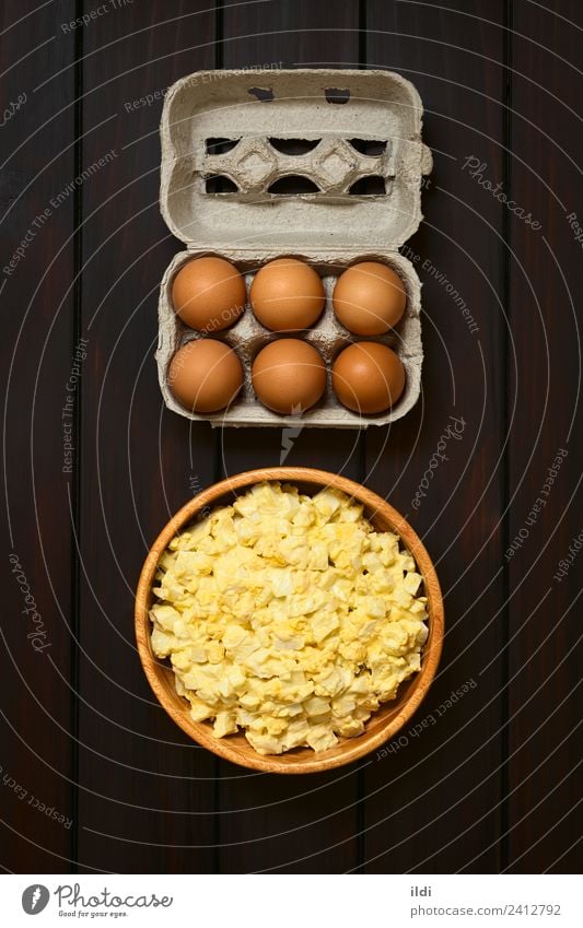 Egg Salad Breakfast Fresh food egg Mayonnaise mustard condiment Cut Home-made Ingredients Cooking Raw box Carton Meal Dish Snack healthy Protein Rustic overhead
