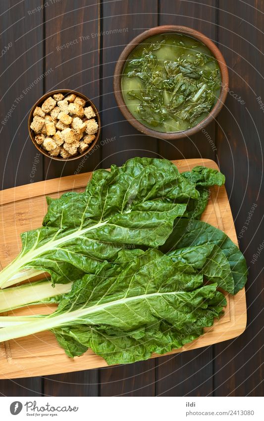Chard Leaves and Chard Soup Vegetable Stew Vegetarian diet Fresh chard Mangold mangel food Raw healthy cooking appetizer Vegan diet Meal Dish crouton croutons