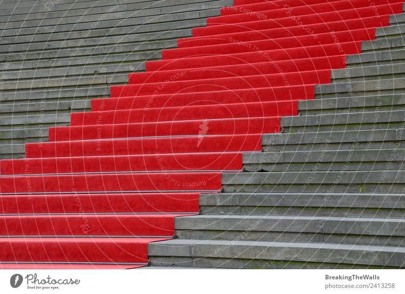 Close up red carpet over grey concrete staircase Design Feasts & Celebrations Town Building Architecture Stairs Stone Concrete Gray Red Perspective Carpet