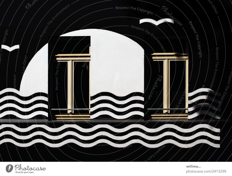 Maritime house facade with window to the ocean Facade Window Black White Creativity Painted Graphic Seagull Waves Wavy line Dark background facade design