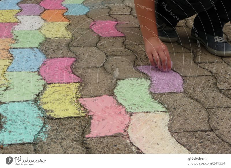 street performer Hand Feet Street street-painting chalk Stone Draw Sharp-edged Happiness Passion Infancy Colour photo Multicoloured Exterior shot Pattern Day