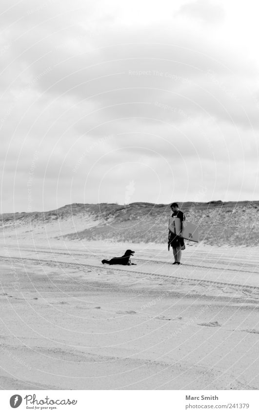 togetherness Leisure and hobbies Beach Man Adults 1 Human being Dog Sand Cool (slang) Loyal Friendship Tourism Black & white photo Exterior shot