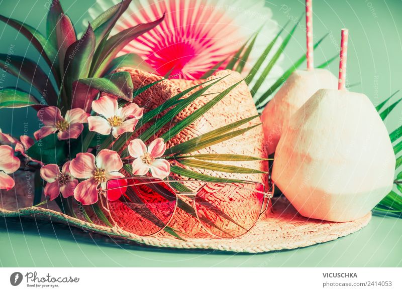 straw hat, coconut drinks, sunglasses and palm leaves Beverage Cold drink Style Vacation & Travel Tourism Summer Beach Accessory Sunglasses Hat Pink Design