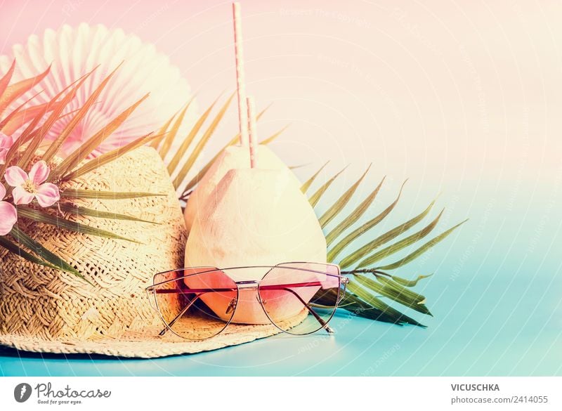 Summer Beach Party Beverage Cold drink Longdrink Cocktail Style Design Joy Vacation & Travel Decoration Peace Straw hat Sunglasses Coconut Palm frond Flower