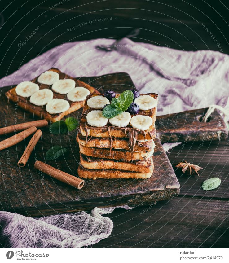 bread slices with chocolate and banana Fruit Bread Dessert Candy Nutrition Breakfast Flower Wood Fresh Delicious Above Tradition toast french Banana background
