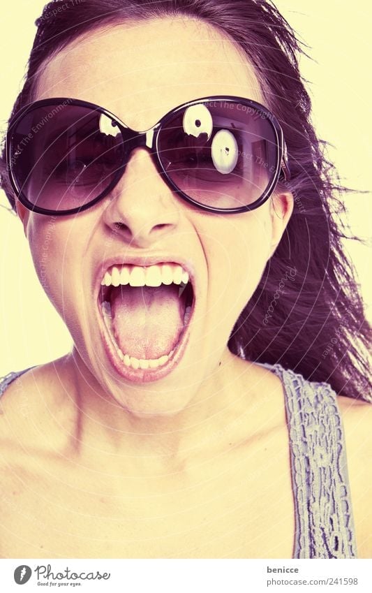 sunfun Woman Human being youthful Scream Sunglasses Retro Portrait photograph Teeth Mouth Open Loud Anger Aggression Yellow Pastel tone Neon Beautiful
