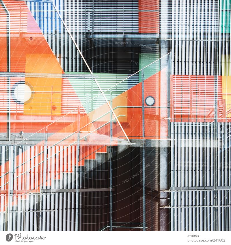 façade Style Facade Stairs Metal Line Stripe Exceptional Sharp-edged Hip & trendy Uniqueness Crazy Gray Chaos Perspective Whimsical Orange Banister Colour photo
