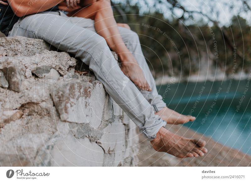 Couple legs hanging from a wall barefoot. Lifestyle Beautiful Leisure and hobbies Vacation & Travel Summer Beach Ocean Human being Woman Adults Man Partner Legs