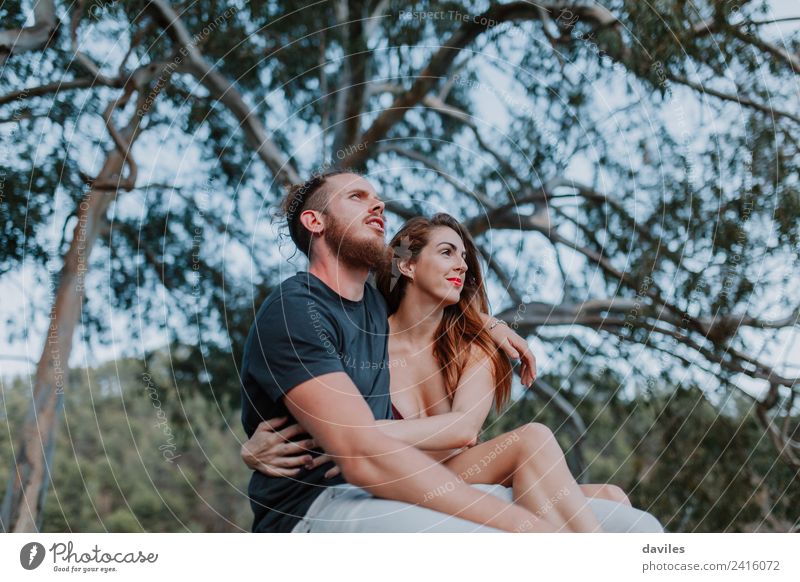 Cool hipster couple embraced in nature Happy Leisure and hobbies Vacation & Travel Summer Mountain Hiking Human being Woman Adults Man Couple 2 18 - 30 years
