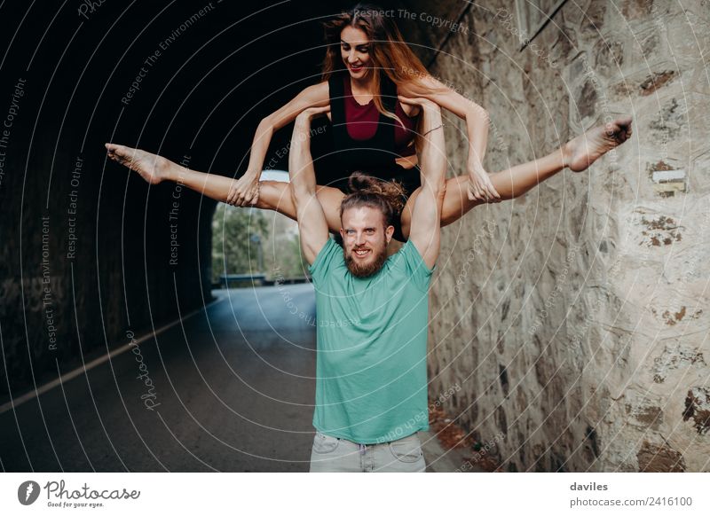Man carrying his girlfriend. Lifestyle Style Joy Happy Beautiful Summer Dance Woman Adults Couple 2 Human being 18 - 30 years Youth (Young adults) Ballet Bridge